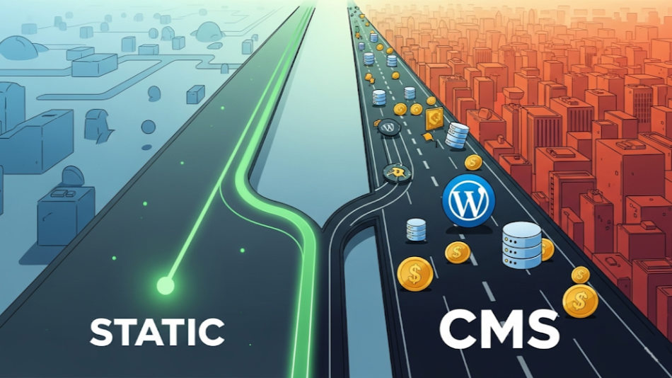 Två vägar där den ena visar enkelheten hos en statisk webbplats och den andra komplexiteten hos ett CMS