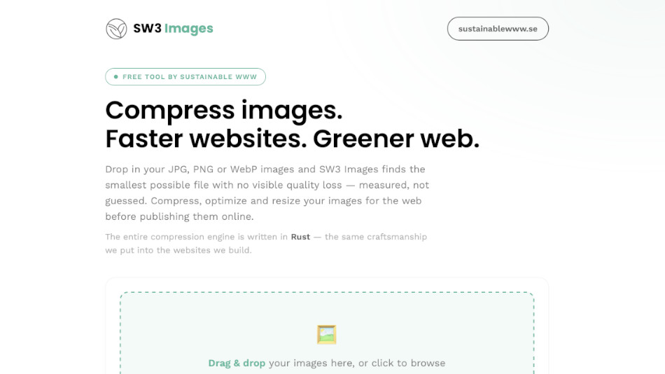 Skärmdump av verktyget SW3 Images startsida med rubriken "Compress images. Faster websites. Greener web." och en dra-och-släpp-yta för att ladda upp bilder
