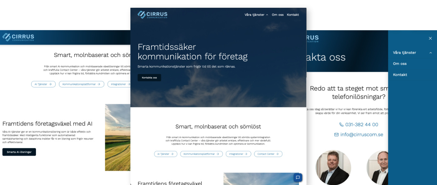 Mockup/skärmdumpar som visar Cirrus Coms hemsida