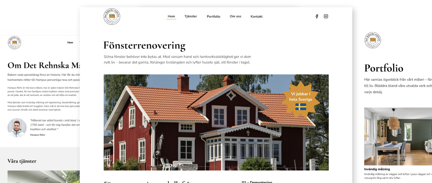 Mockup/skärmbilder som visar Det Rehnska Måleriets webbplats