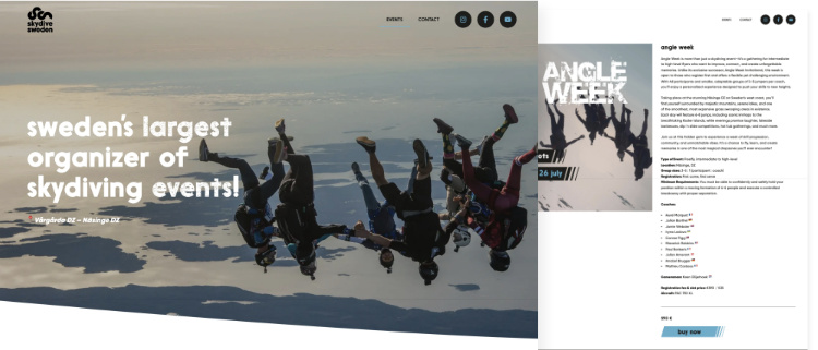 Skärmdump av två av Skydive Swedens webbsidor