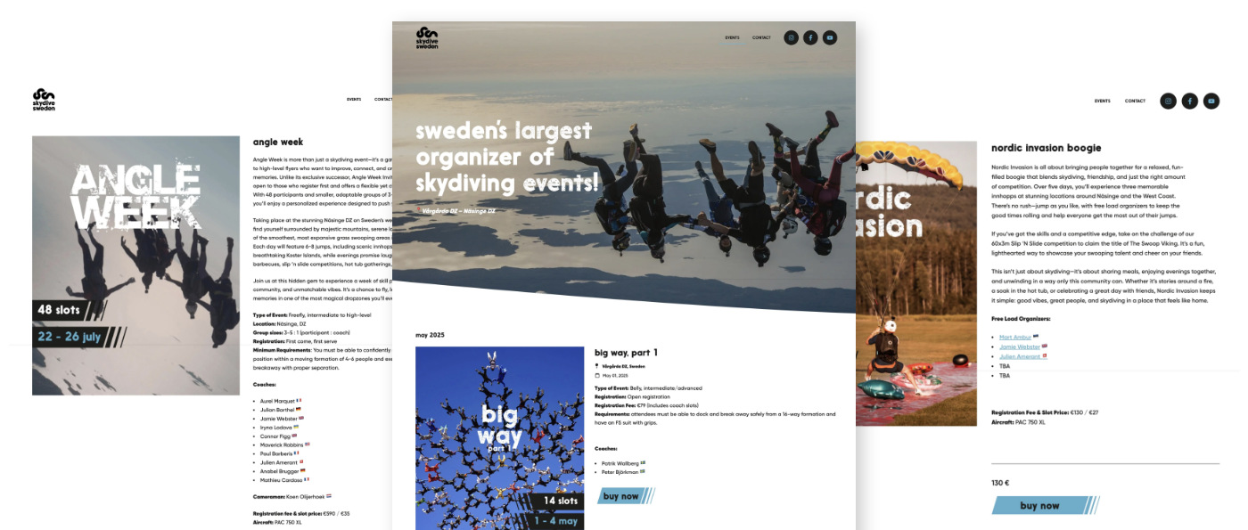 Mockup som visar Skydive Swedens webbplats