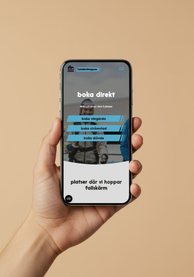 Mobilmockup som visar bokningslänkar från Tandemhopps webbplats